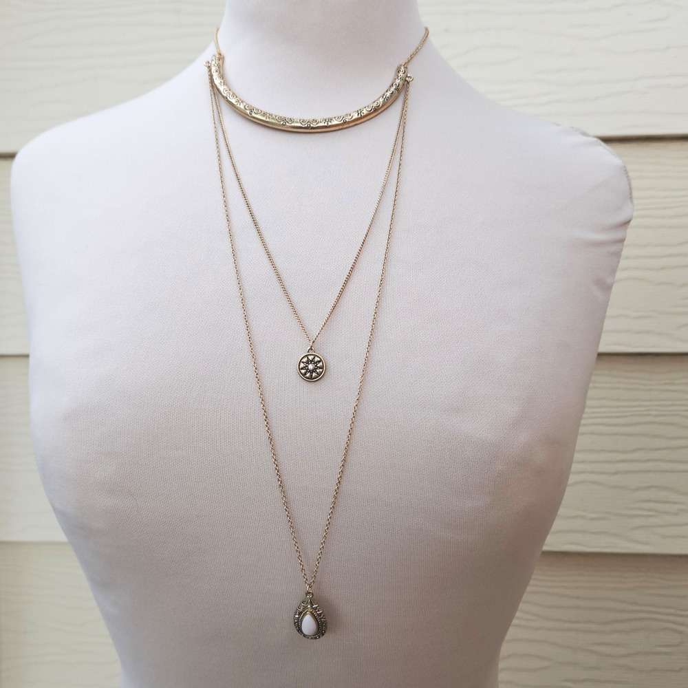 Gold Tone Triple Layered Boho Necklace Collar Sunburst & Teardrop Pendants